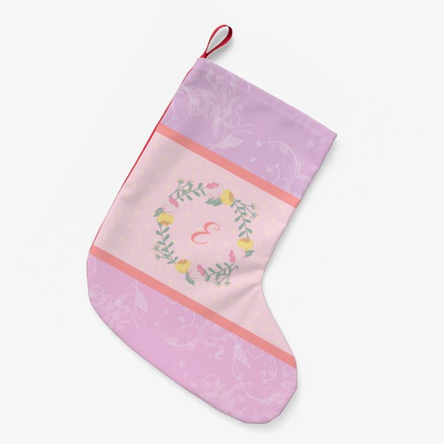 Girl Pastel Pink and Lavender Floral Monogram Kid Small Christmas Stocking (Front (Hanging))