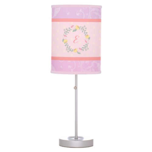 Girl Pastel Pink and Lavender Floral Monogram Kid Table Lamp