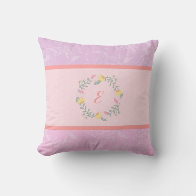 Girl Pastel Pink and Lavender Floral Monogram Kid Throw Pillow (Front)