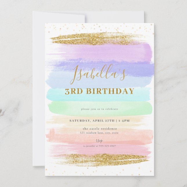 Girl Pastel Rainbow 3rd Birthday Invitation (Front)