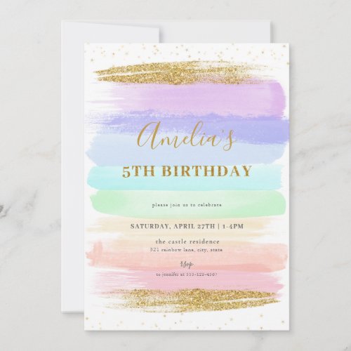 Girl Pastel Rainbow 5th Birthday Invitation