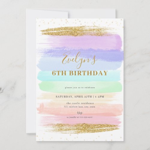 Girl Pastel Rainbow 6th Birthday Invitation