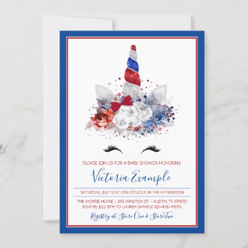 Girl Patriotic Unicorn Military Baby Baby Shower Invitation