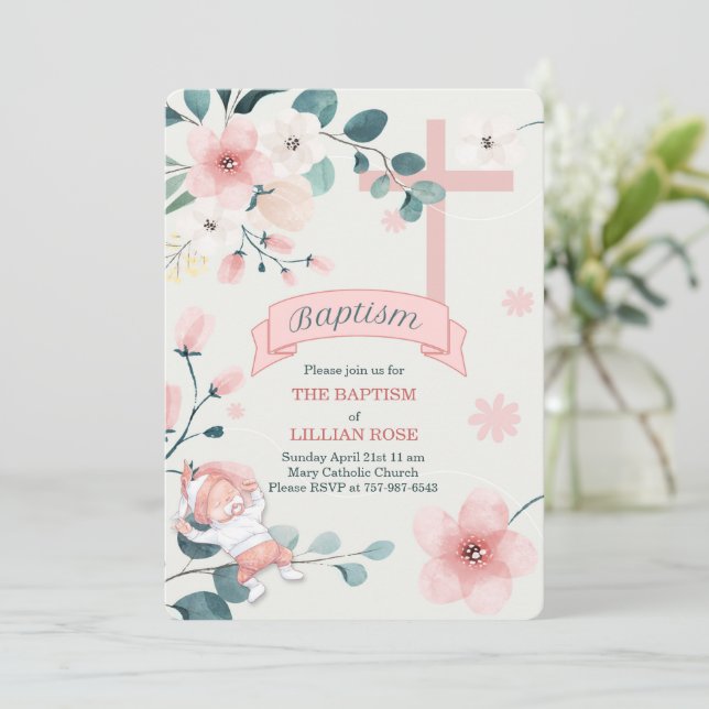 Girl Peach Blossoms Christian Cross Baptism Invitation (Standing Front)