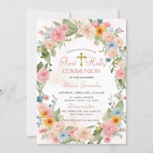 Girl Peach Floral First Holy Communion  Invitation