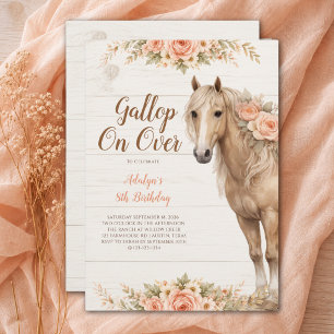 Girl Peach Floral Horse 8th Birthday Invitation