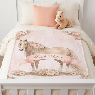 Girl Peach Floral Horse Personalized Name  Sherpa Blanket