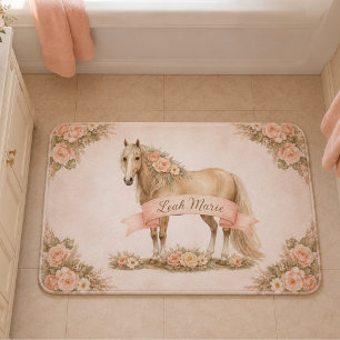Girl Peach Floral Horse Personalized Shabby Chic Bath Mat