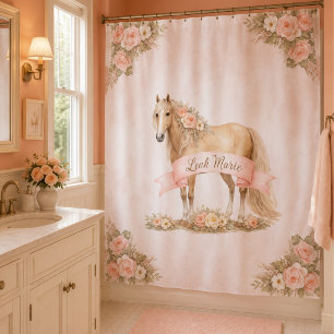 Girl Peach Floral Horse Personalized Shabby Chic Shower Curtain