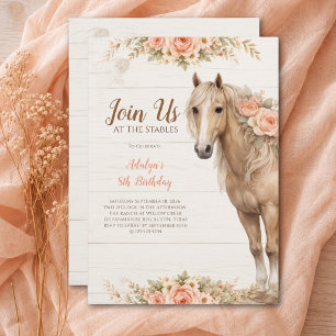 Girl Peach Floral Horse Riding Farm 8th Birthday Invitation