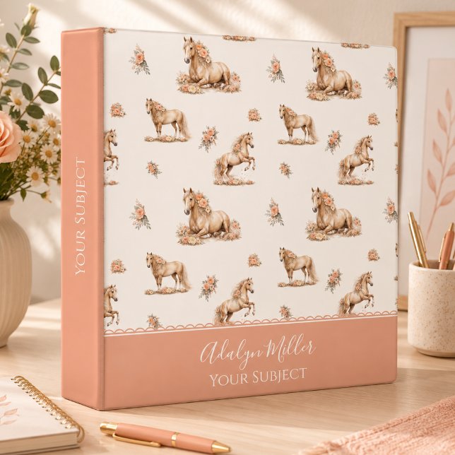 Girl Peach Rose Horse Pattern Script Monogram 3 Ring Binder (Creator Uploaded)
