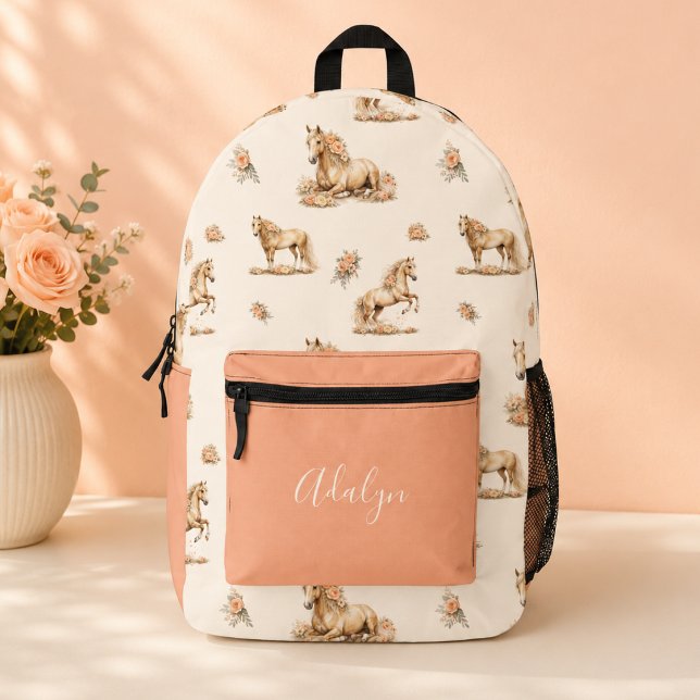 Girl Peach Rose Horse Script Font Monogram Printed Backpack (Creator Uploaded)