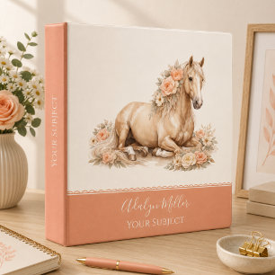 Girl Peach Rose Horse Script Monogram 3 Ring Binder
