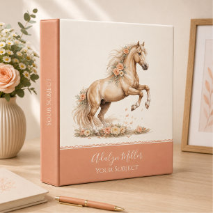 Girl Peach Rose Horse Script Monogram 3 Ring Binder