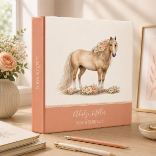 Girl Peach Rose Horse Script Monogram 3 Ring Binder