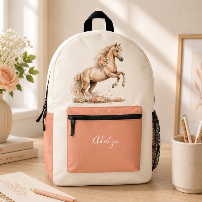 Girl Peach Rose Horse Script Monogram Printed Backpack (Creator Uploaded)