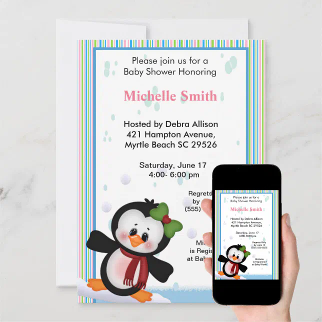 Girl Penguin Baby Shower Invitation Zazzle