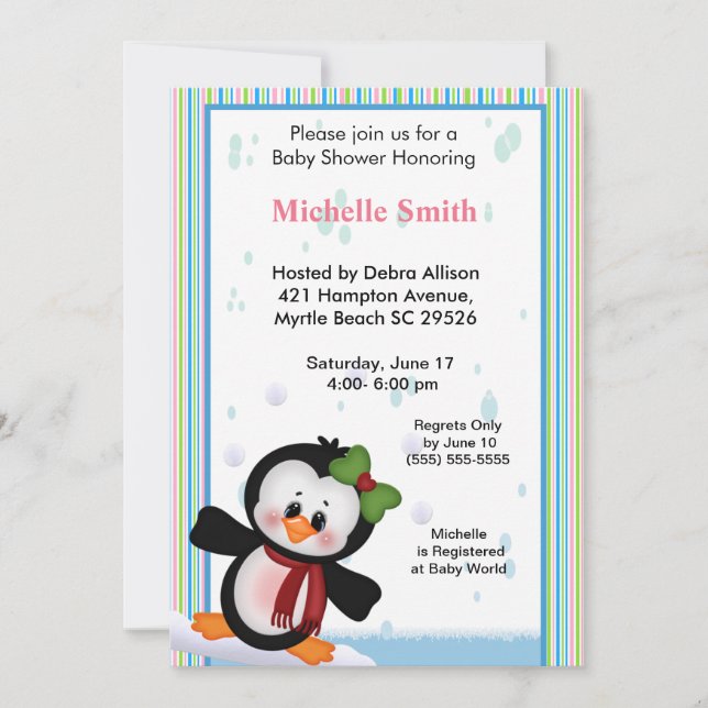 Girl Penguin Baby Shower Invitation (Front)