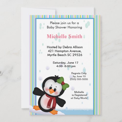 Girl Penguin Baby Shower Invitation