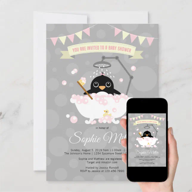 Girl Penguin Baby Shower Invitation Zazzle