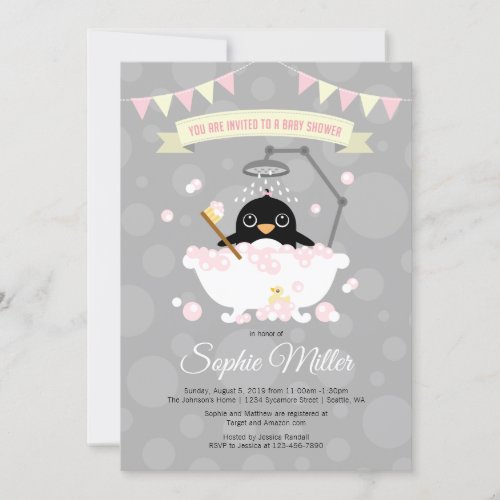 Girl Penguin Baby Shower Invitation