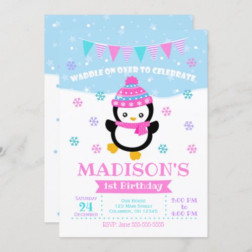 Girl Penguin Birthday Invitation  Waddle On Over