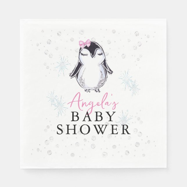 Girl Penguin Winter Baby Shower  Napkins (Front)