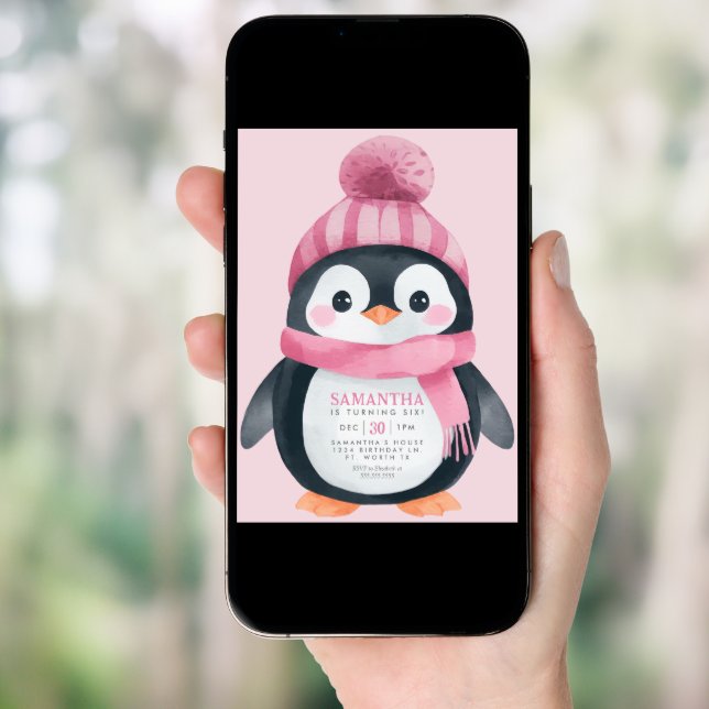 Girl Penguin Winter Birthday Party Invitation (Front Digital)