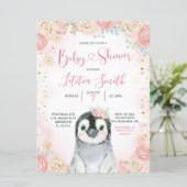 Girl Penguin Winter Snowflake Baby Shower Invite (Standing Front)
