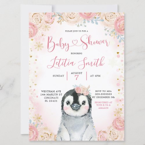 Girl Penguin Winter Snowflake Baby Shower Invite