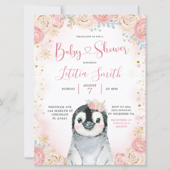 Girl Penguin Winter Snowflake Baby Shower Invite (Front)