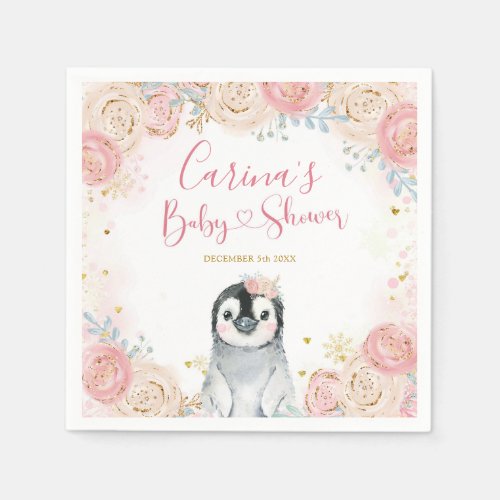 Girl Penguin Winter Snowflake Baby Shower Napkins