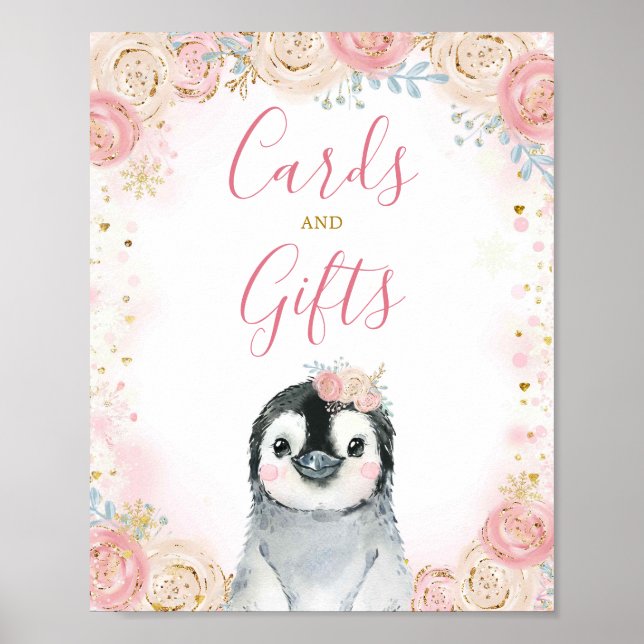 Girl Penguin Winter Snowflake Cards and Gifts Sign (Front)