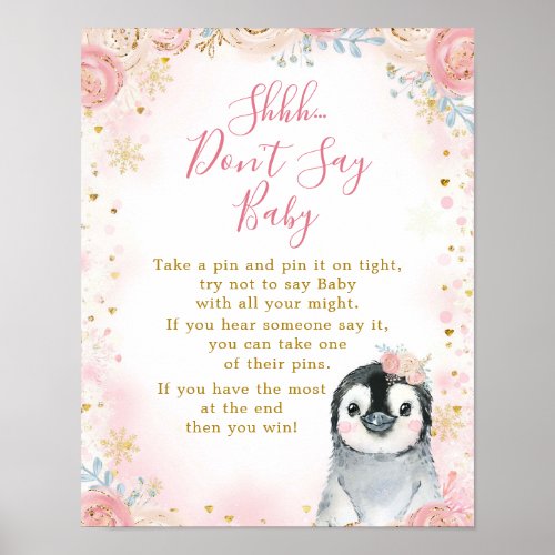 Girl Penguin Winter Snowflake Dont Say Baby Card Poster