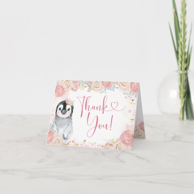 Girl Penguin Winter Snowflake Thank You Card (Front)