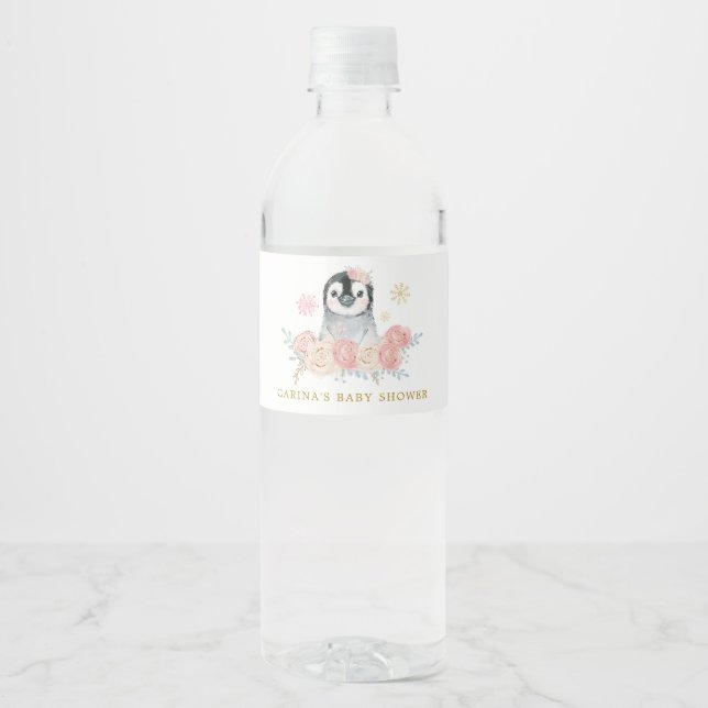 Girl Penguin Winter Snowflake Water Bottle Water Bottle Label (Front)