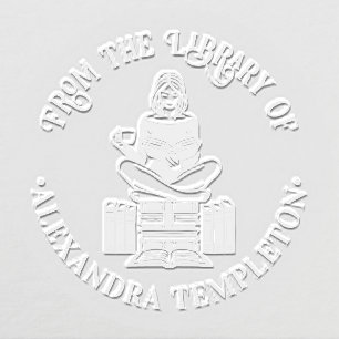 Girl Perched on Books Reading #2 Library Book Name Embosser