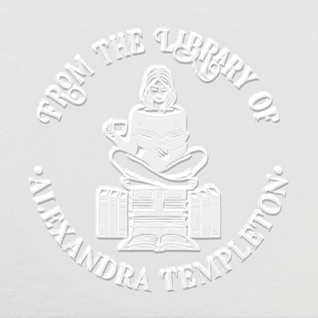 Girl Perched on Books Reading #2 Library Book Name Embosser (Design)