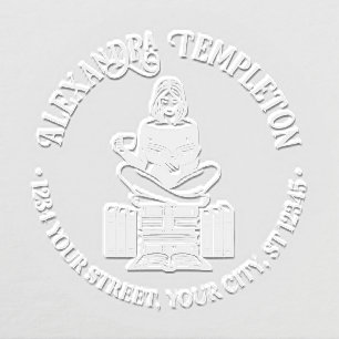 Girl Perched on Books Reading #2 Name Ret Address Embosser