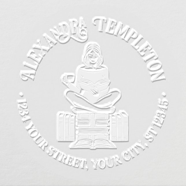 Girl Perched on Books Reading #2 Name Ret Address Embosser (Design)