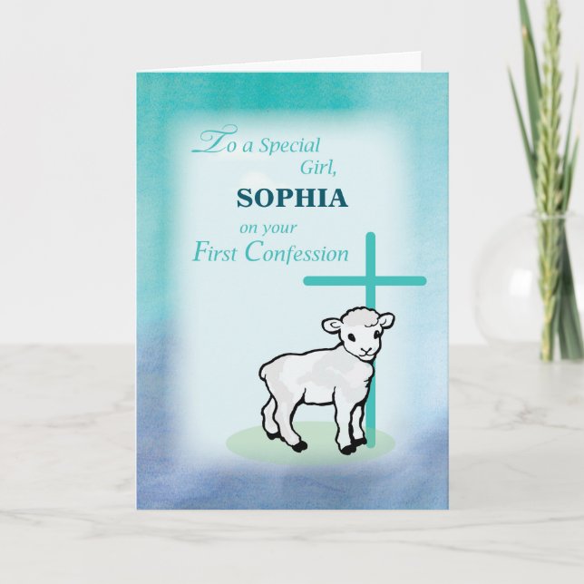 Girl Personalize Name First Confession Lamb Cross Card (Front)