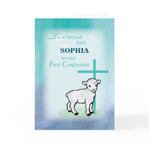 Girl Personalize Name First Confession Lamb Cross Card