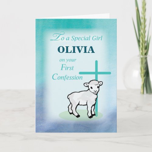 Girl Personalize Name First Confession Lamb Cross Card