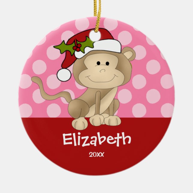 Girl Personalized Christmas Ornament Monkey Pink (Front)