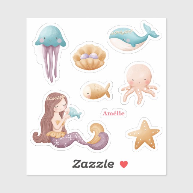 Girl Personalized Mermaid Ocean Sticker (Sheet)