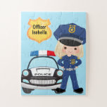 Girl Personalized Police Officer and Patrol Car Jigsaw Puzzle<br><div class="desc">An excellent personalized police officer gift! Features an officer with her patrol car. In the corner is a large badge that can be personalized with any saying or name.</div>