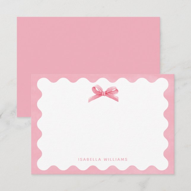 Girl Personalized Watercolor Pink Bow Note Card (Front/Back)