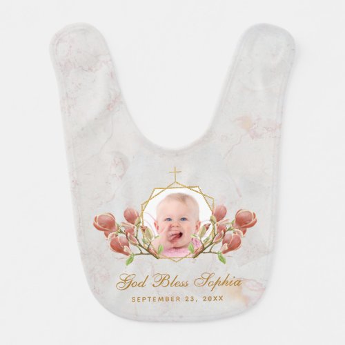 Girl Photo Baptism Pink Magnolia Marble Floral Baby Bib