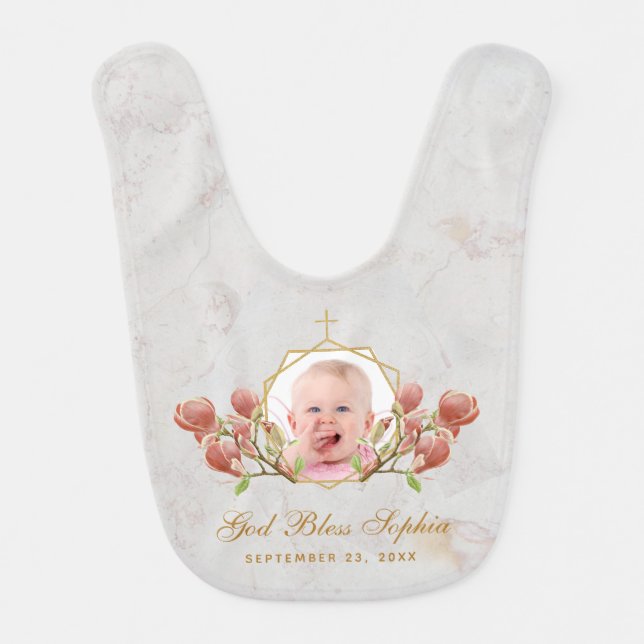 Girl Photo Baptism Pink Magnolia Marble Floral Baby Bib (Front)