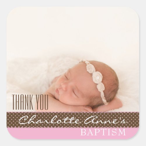 Girl Photo Baptism Thank You Favor  Pink Brown Square Sticker